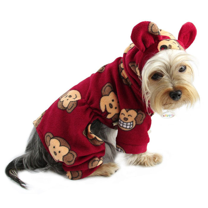 Adorable Silly Monkey Fleece Dog Pajamas/Bodysuit with Hood - Burgundy - M