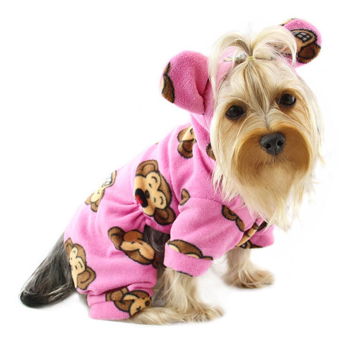 Adorable Silly Monkey Fleece Dog Pajamas/Bodysuit with Hood - Pink - M