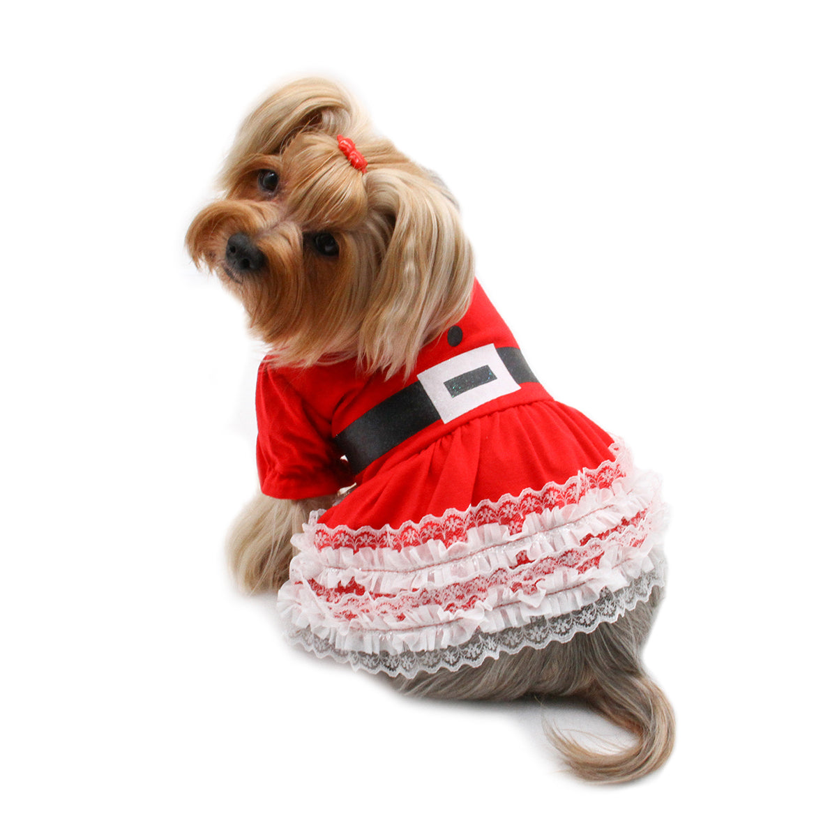 Lace Ruffles Puffy Sleeves Christmas Dress - M