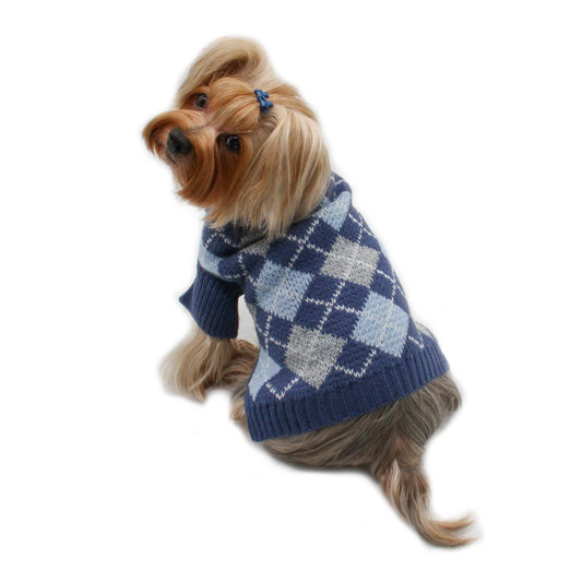 Argyle Turtleneck Sweater in Navy/Grey/Light Blue - M